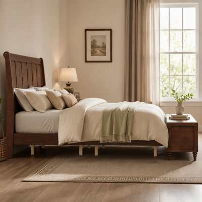 Solid Rubberwood Sleigh Bed Frame with Tall Panel Headboard & 64" Lift-Top Storage Bench at Footboard, No Box Spring Required, Easy Assembly