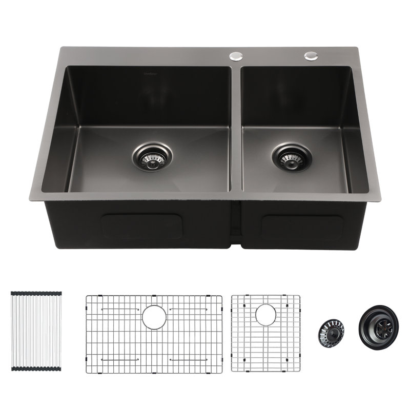 Gunmetal Black 33" Double Bowl Farmhouse Stainless Steel Sink