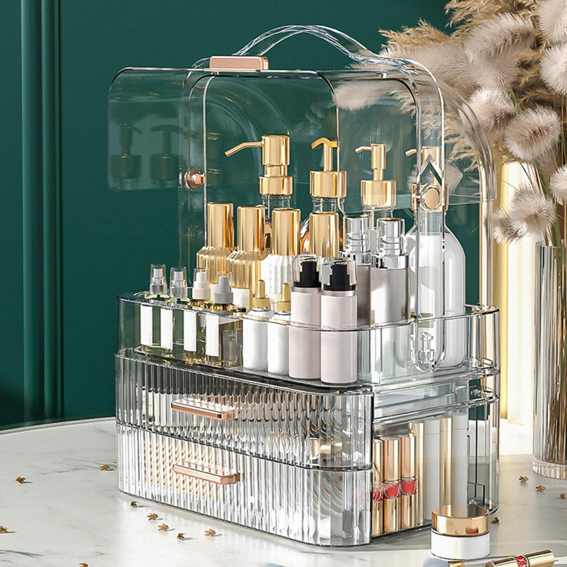 Cosmetics Storage Box Transparent Lid Large Makeup Organizer Box Drawers Portable Handle Waterproof Dustproof Skincare Display Cases