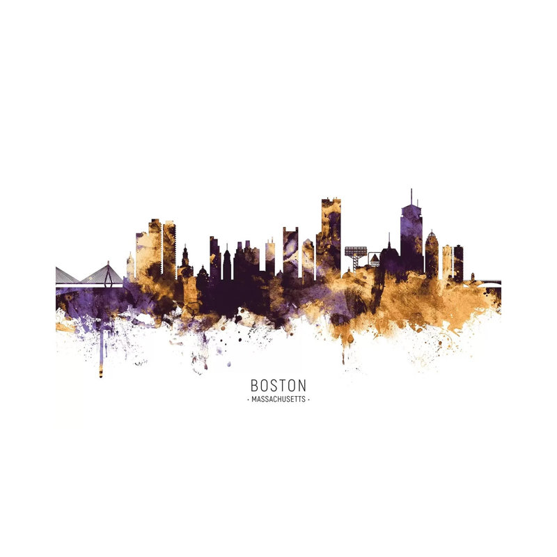 Boston Massachusetts Skyline Purple Gold by Michael Tompsett - 1 Piece Wrapped Canvas Wall Art