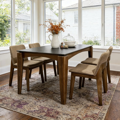 Solid wood dining table and chairs, solid white ash frame, sintered stone tabletop, Linen-blend cushions
