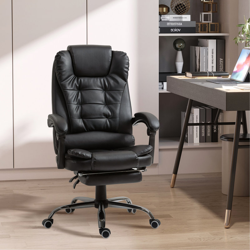 Fauteuil de direction ergonomique à haut dossier, fauteuil d'ordinateur en cuir PU avec repose-pieds rétractable, soutien lombaire, appui-tête et accoudoirs rembourrés, noir