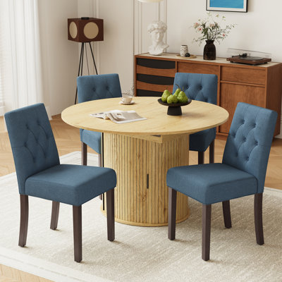 Extendable Round Dining Table with 4 Upholstered Chairs，47″–63″ Oval Expansion, Hidden Storage Base, Solid Wood Leg Chairs, 5‑Piece Modern Dining Set
