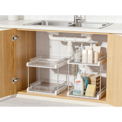 2-Tier Pull-Out Under Sink Organizer And Cabinet Drawer, Stackable Kitchen And Bathroom Storage Shelf With Non-Slip Dividers, Heavy-Duty Steel Frame, Pack Of 2