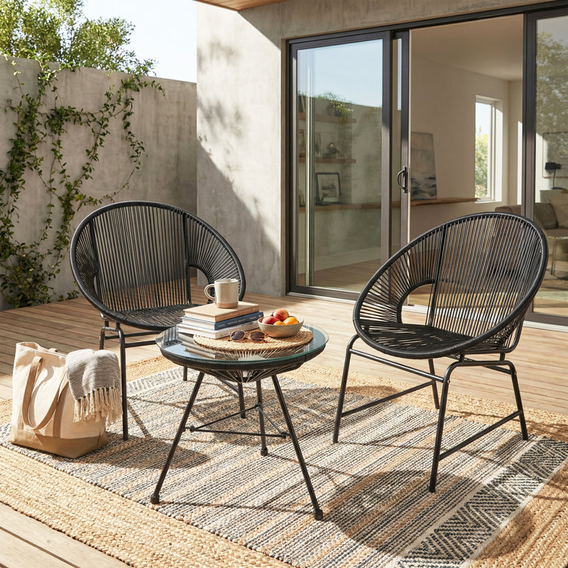 Gina 3 Piece Rattan Seating Group, Black