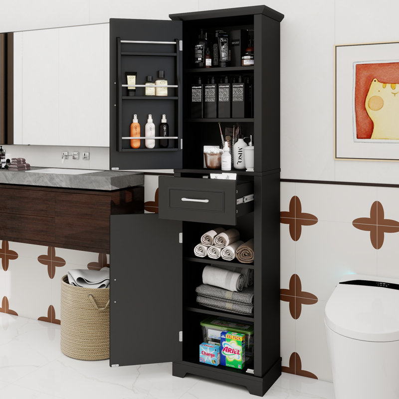 Grande armoire de rangement pour salle de bain, armoire de rangement autoportante avec deux portes et tablettes réglables, conception à étagère de porte, panneau de fibres à densité moyenne avec finition peinte, noir