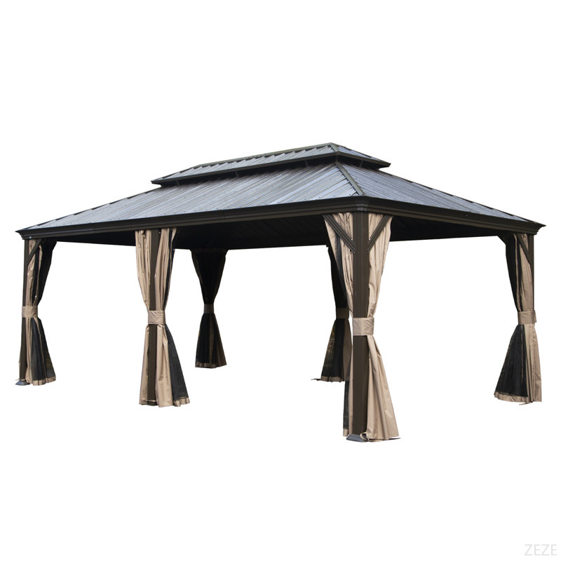 12' X 20' Hardtop Gazebo, Upgraded Metal Gazebo With Drainage System, Dual-Layer Galvanized Steel Roof, Curtain And Netting, Outdoor Shelter Canopy For Patio, Garden, And Backyard
