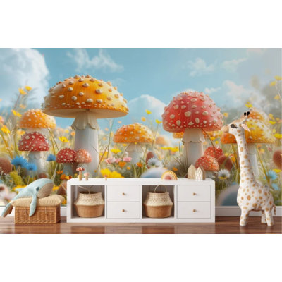 Whimsical Giant Mushroom Meadow Wall Mural, Red Orange Yellow Toadstools Wildflowers Sunny Sky Wallpaper for Home Decor