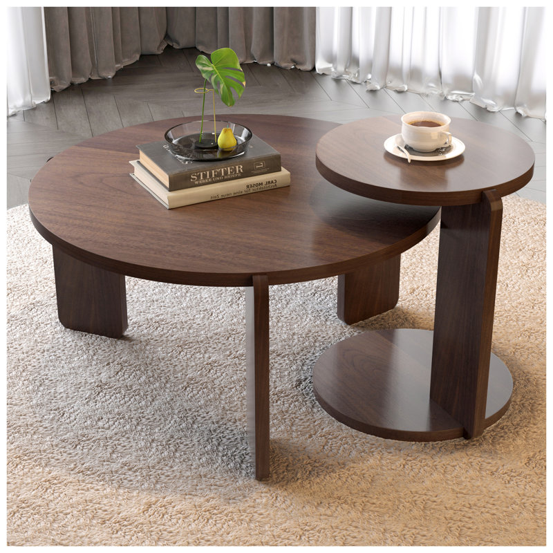 Ensemble de tables basses gigognes 2 pièces - Tables de bout rondes modernes en noyer pour le salon, table d'appoint peu encombrante avec finition résistante à l'eau