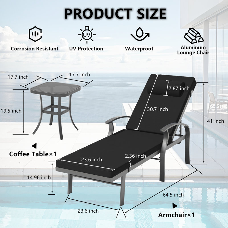Deianna 2-Piece Outdoor Aluminum Chaise Lounge Chair Set with Side Table, Adjustable Backrest & Rust-Resistant Frame, Black