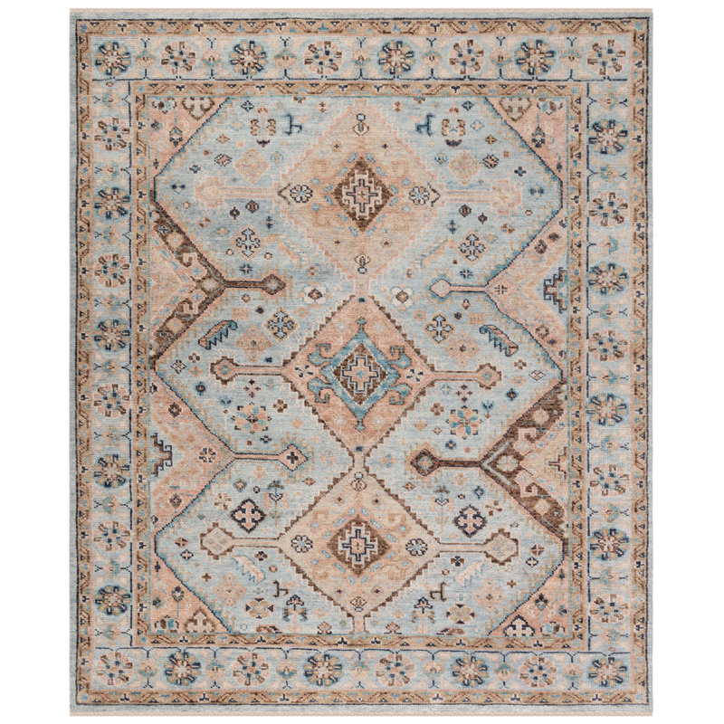 Tapis oriental en laine / coton noué à la main Samarkand bleu clair / beige / brun, Rectangle 8 pi x 10 pi