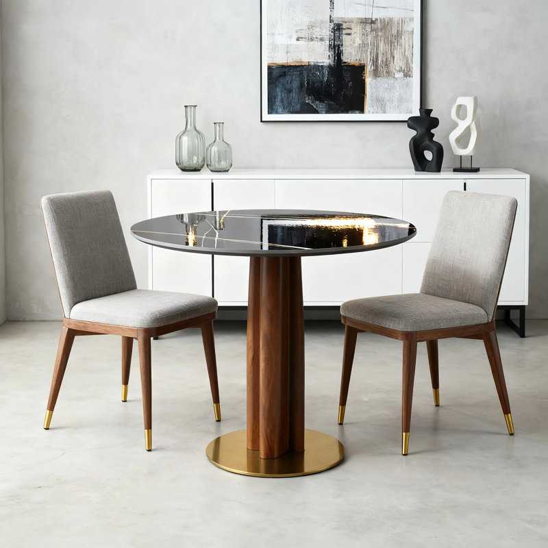 33.5" Modern Small Dining Table with Boomerang Shaped Solid Rubberwood Base, Sintered Stone Top, Round Styles, Apartment, Kitchen Nook & Café Table for 2-4 People  