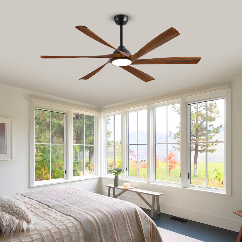 6 Blade Solid Wood Smart Ceiling Fan With Quiet Reversible Dc Motor, Dimmable Led Light, Remote & App Control, Black, Brown