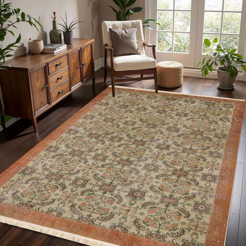 Rustic Clay Floral Border Area Rug