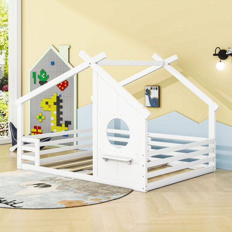 Lit maison avec fenêtre et tablette, rails, Double, Blanc