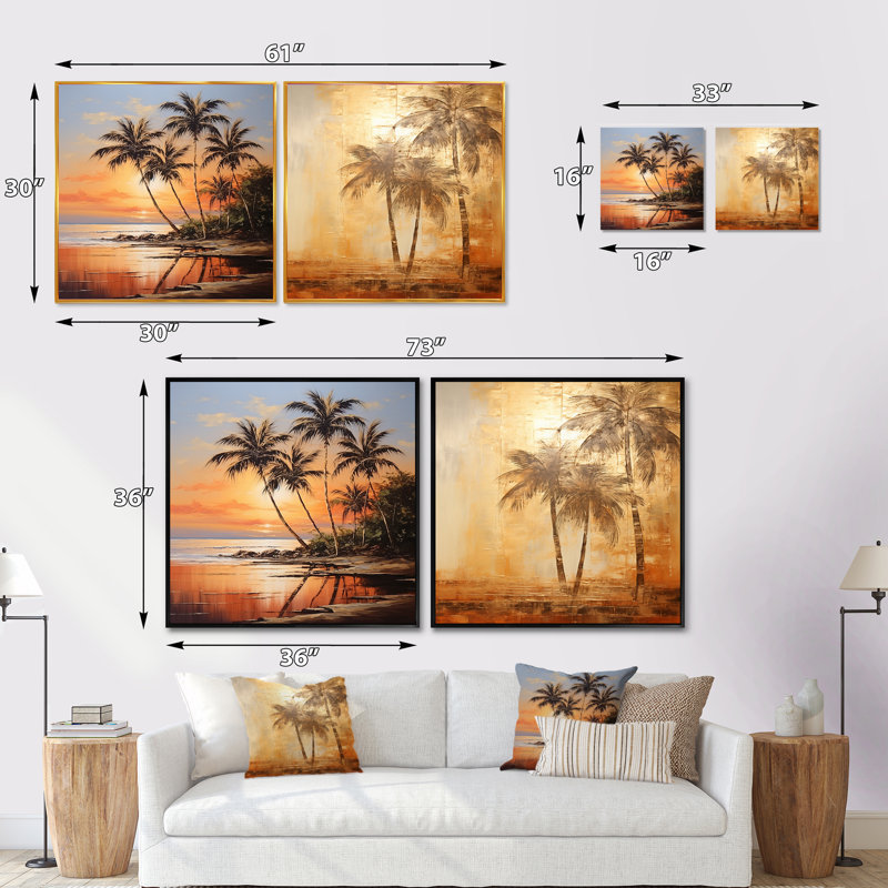 Palmier, escapade tropicale, coucher de soleil, bronze, plage - ensemble de 2 palmiers et palmiers carrés, H 16 po x l 33 po