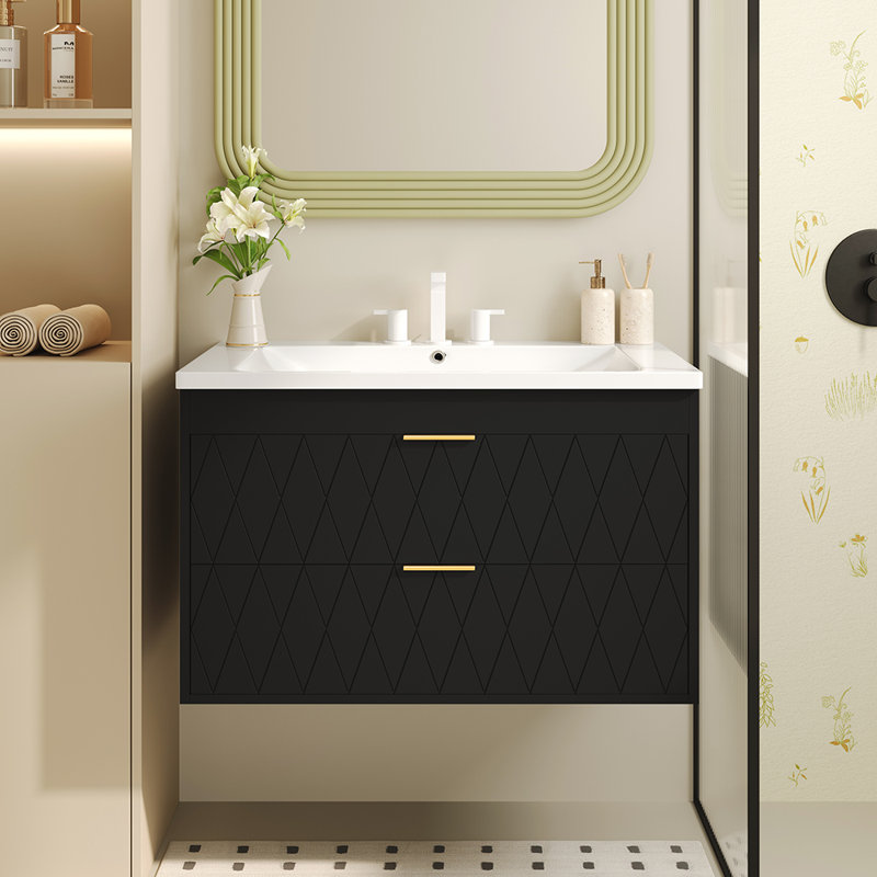 Meuble-lavabo mural avec lavabo en résine et 2 tiroirs, Noir, noir, noir, noir