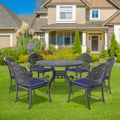 7-Piece Set Of Cast Aluminum Patio Furniture With Black Frame And Blue Seat Cushions