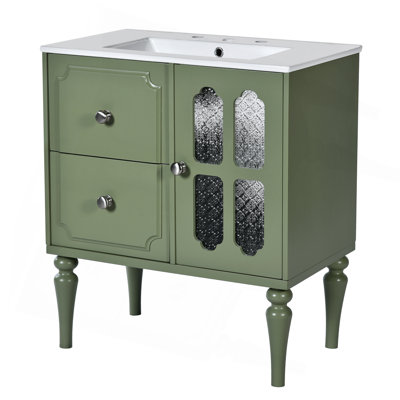 Meuble-lavabo de style rétro avec lavabo en céramique 30 po, meuble-lavabo simple autoportant avec 2 tiroirs, armoire de rangement en bois massif, vert