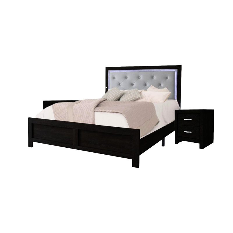 King Panel Bed With Headboard , Black Finish, Grey Upholstered, Button , Bedroom Piece Modern Headboard, Faux Leather, Wooden Furniture