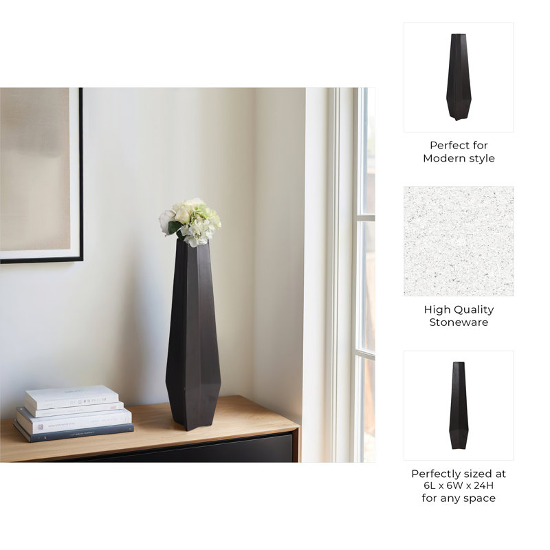 Geometric Faceted Ceramic Tall Table Vase for Home Tabletop Decor - Modern Flower Vase for Living Room, Shelf, or Entryway Styling - Black