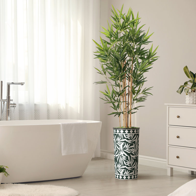 Artificial Tree in Contemporary Blue Stripe Patterned Planter Fake Bamboo Silk Tree, Plant Green