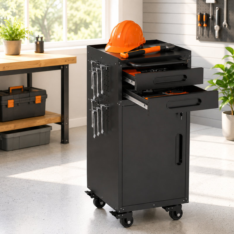 34.3" Slim Rolling Metal Storage Cabinet with 2 Drawers & Lockable Door, Narrow Security Cabinet with Adjustable Shelf, Swivel Casters & Large Handle for Garage, Workshop & Tight Spaces, Black