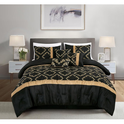  7-Piece Faux Silk Black Gold Embroidered Comforter Set