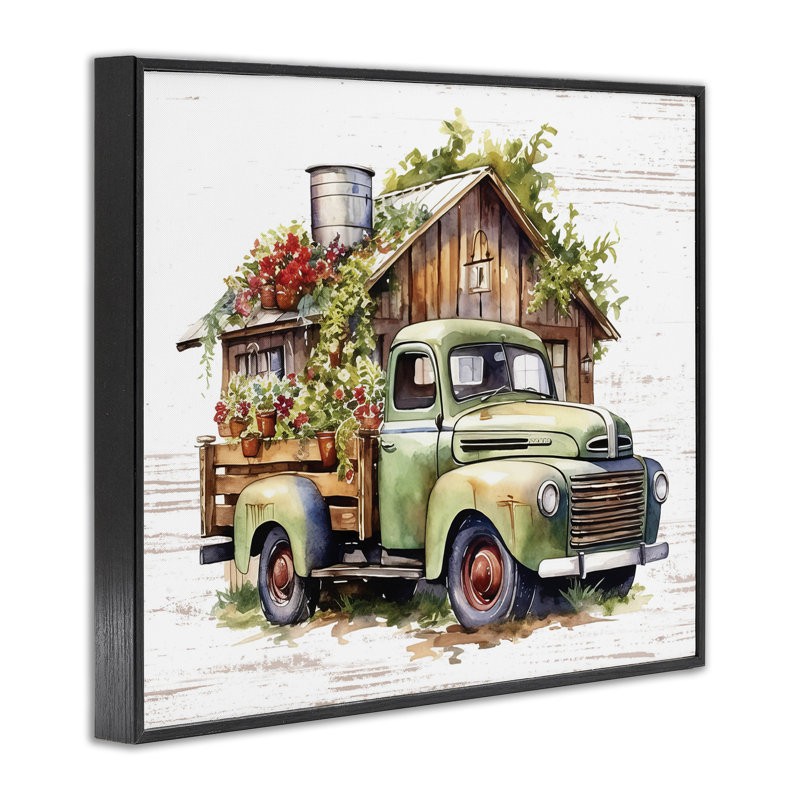 «Rustic Pickup with Greenery», art de la giclée encadrée par lettré et doublé, Giclée encadrée noir minuit, H 24 po x l 30 po