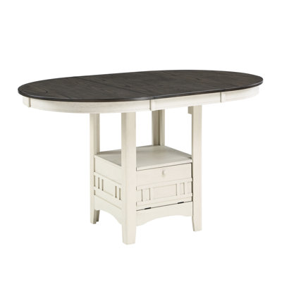 Table de salle à manger à hauteur de comptoir avec rallonge et rangement en blanc antique rosé de style traditionnel blanc / brun