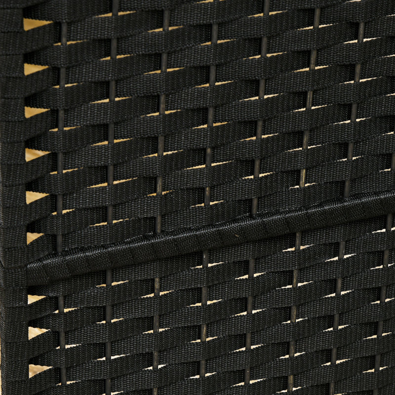 Paravent 4 panneaux de 5,6 pi de hauteur Noir avec style tissé à la main avant-gardiste et plateau arqué gracieux pour la maison. Chambre polyvalente, bureau. Structure en bois, sangles en polypropylène.