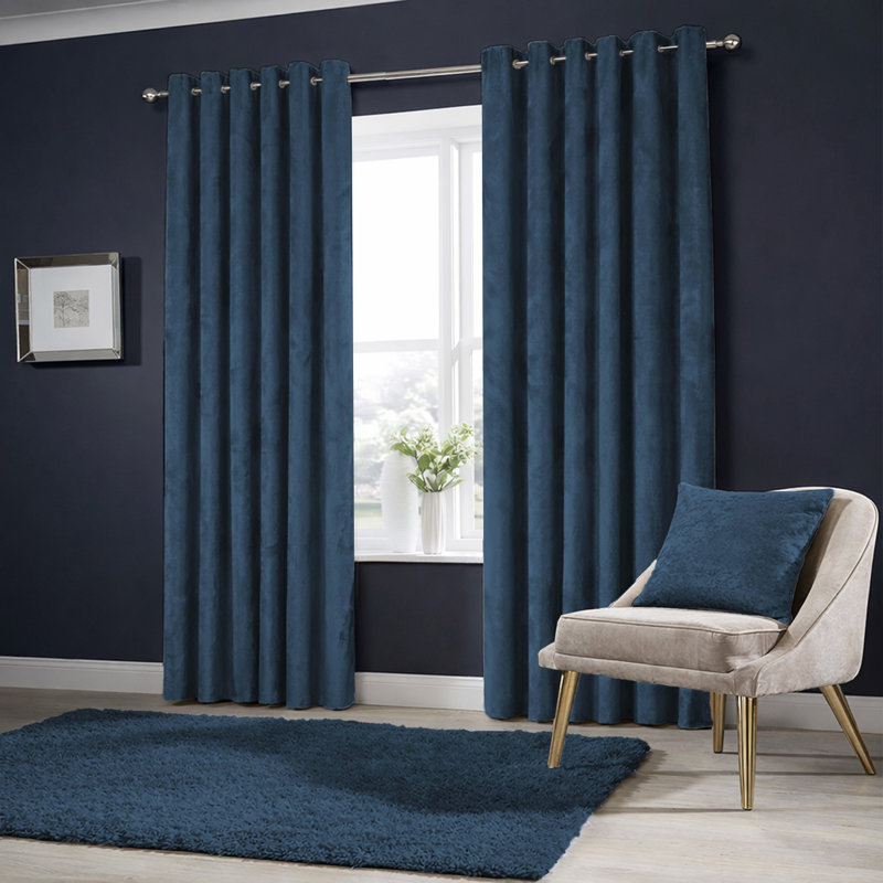 Winkel Heavy Velvet Eyelet Ready Made Thermal Drapes & Curtains, Navy, (168 Width X 137 Height) cm