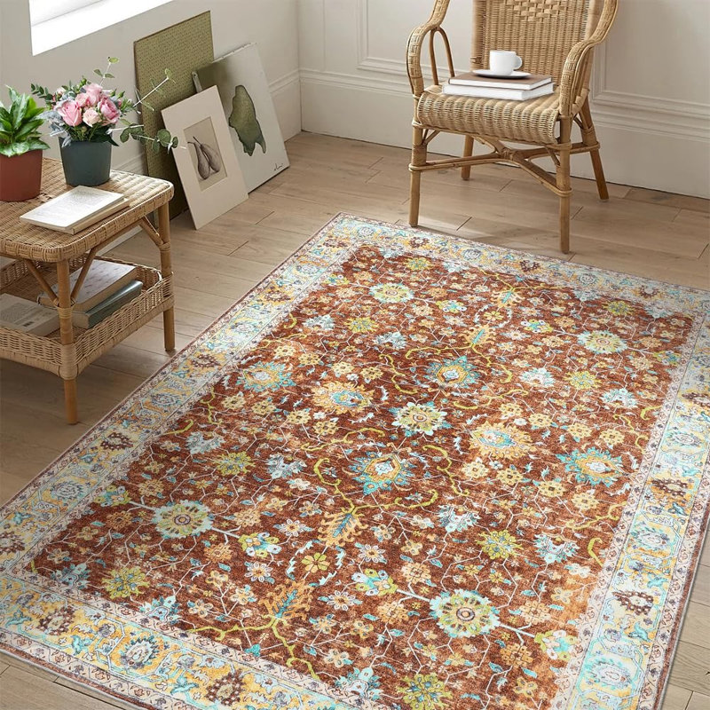 Machine Washable Boho Area Rug – Non-Slip, Low Pile Vintage Carpet for Living Room, Bedroom, Kitchen, Bathroom, Office – Brown