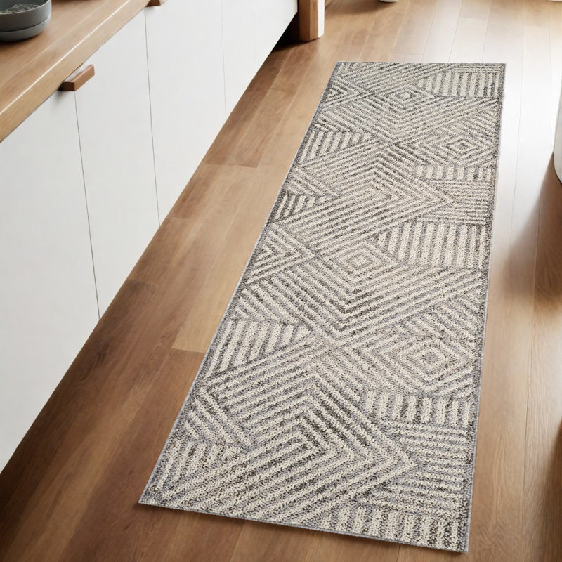 8' Gray And Beige Abstract Distressed Runner Rug