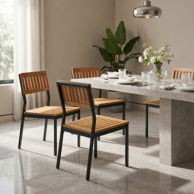  Ensemble de 2 chaises de patio rustiques modernes, structure en bois d'acacia et en métal, sièges d'extérieur résistants aux intempéries avec dossier incurvé ergonomique et pieds réglables, naturel