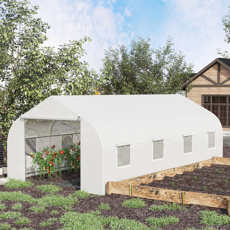 Outdoor Walk-In Greenhouse, Tunnel Green House With Roll-Up Windows, Zippered Door, Cover, Heavy Duty Steel Frame, White