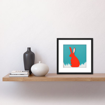 Simple Coral Red Bunny Rabbit On Teal - Single Picture Frame Print