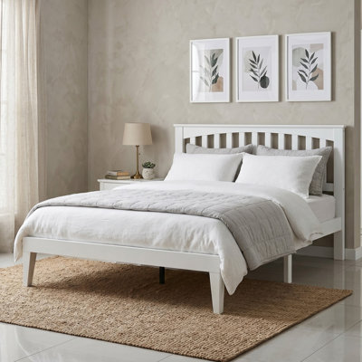 Moriel Full Size Transitional Modern Solid Wood Platform Bed Frame, MOB-40-F, with Shaker Headboard, Classic White Oak, No Box Spring Needed