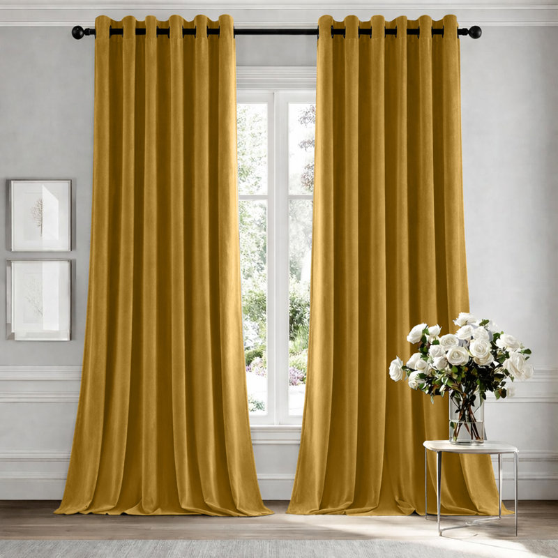 Heavy Crushed Ready Made Velvet Eyelet Curtains (Set Of 2), Yellow, 168cm Width x 228cm Height