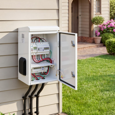 Boîte électrique d'extérieur, acier laminé à froid, boîte de jonction électrique avec thermostat et ventilateur, capuchon de pluie, conception ventilée, boîtier à charnière étanche IP65, fixation murale / sur poteau, 24 x 16 x 12 po