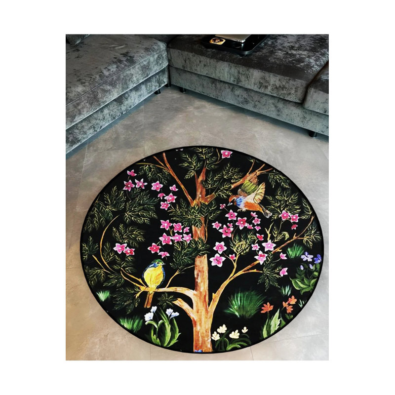 Tree Branch With Birds And Pink Flowers Detailed Woven Base Modern Decorative Carpet, Round 2'8"