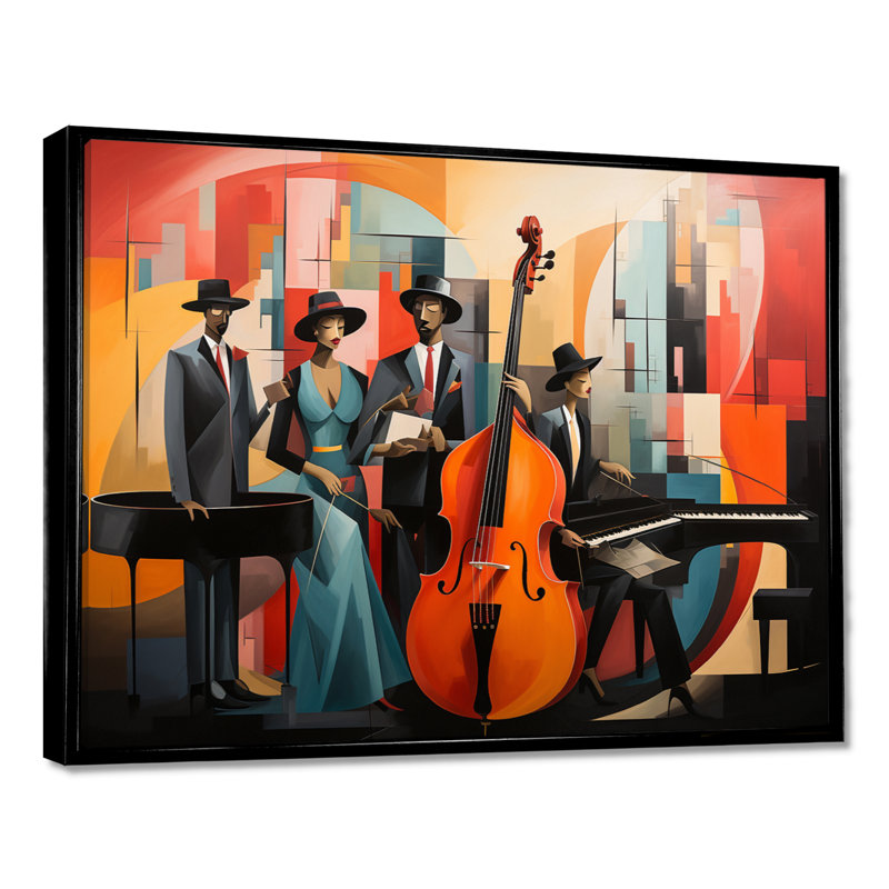 Abstrait Harlem Jazz Quartet - Musician, impression d'art mural, Toile avec cadre flottant noir, H 34 po x l 44 po x P 1,5 po