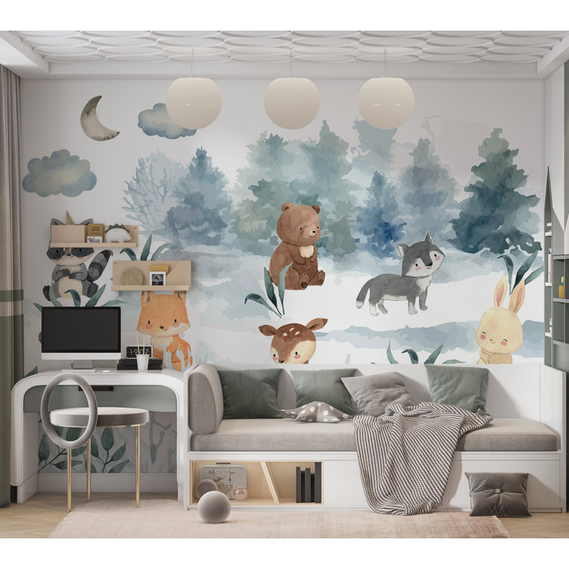 Adhésif mural pelez et collez pour enfants - Animaux dans une forêt, L 173 po x L 124 po