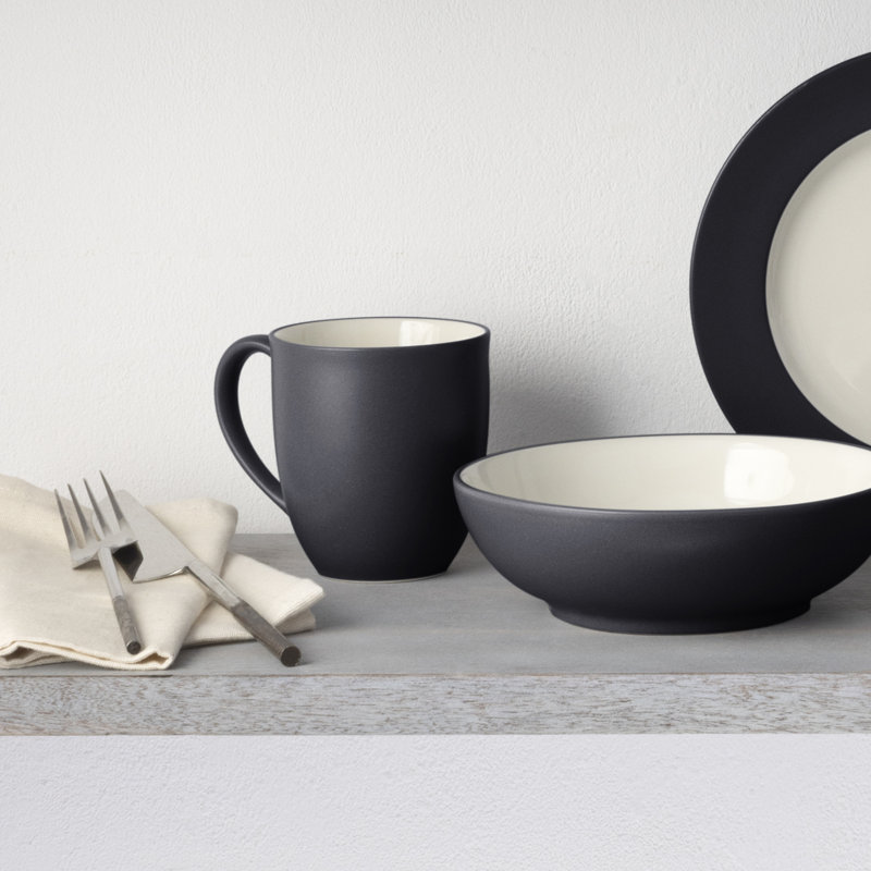 Matte Black and White Ceramic 4-Piece Dinnerware Set