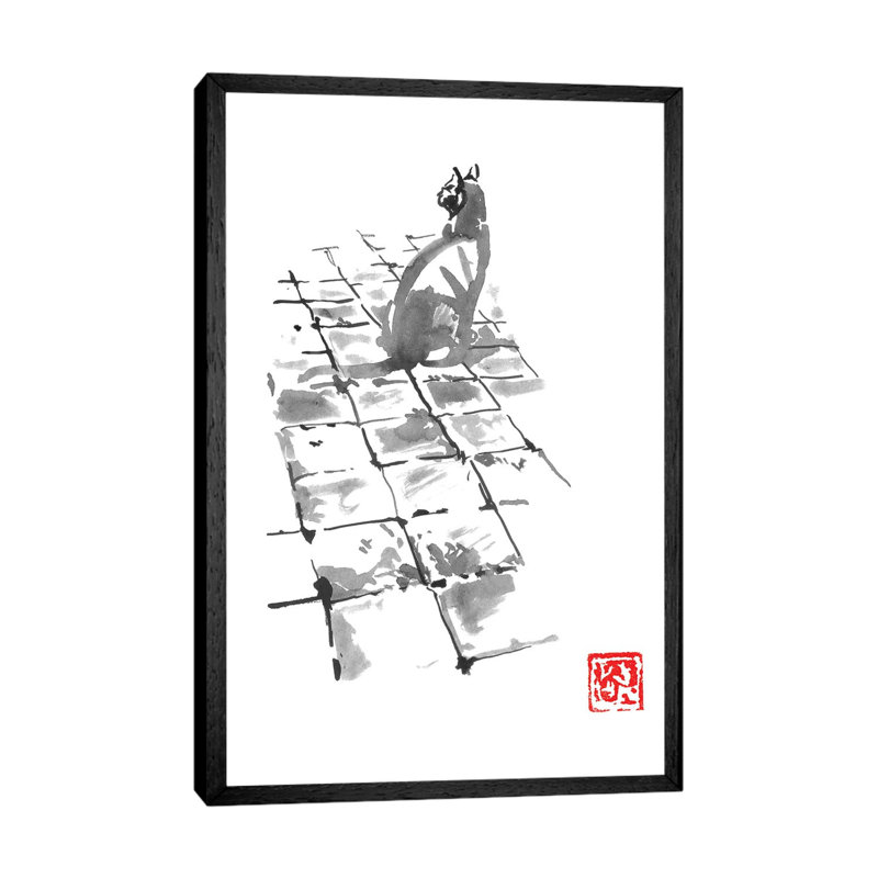 Cat On Pavement by Péchane - Painting on Canvas, Black Framed, 152.5 cm H x 101.5 cm W