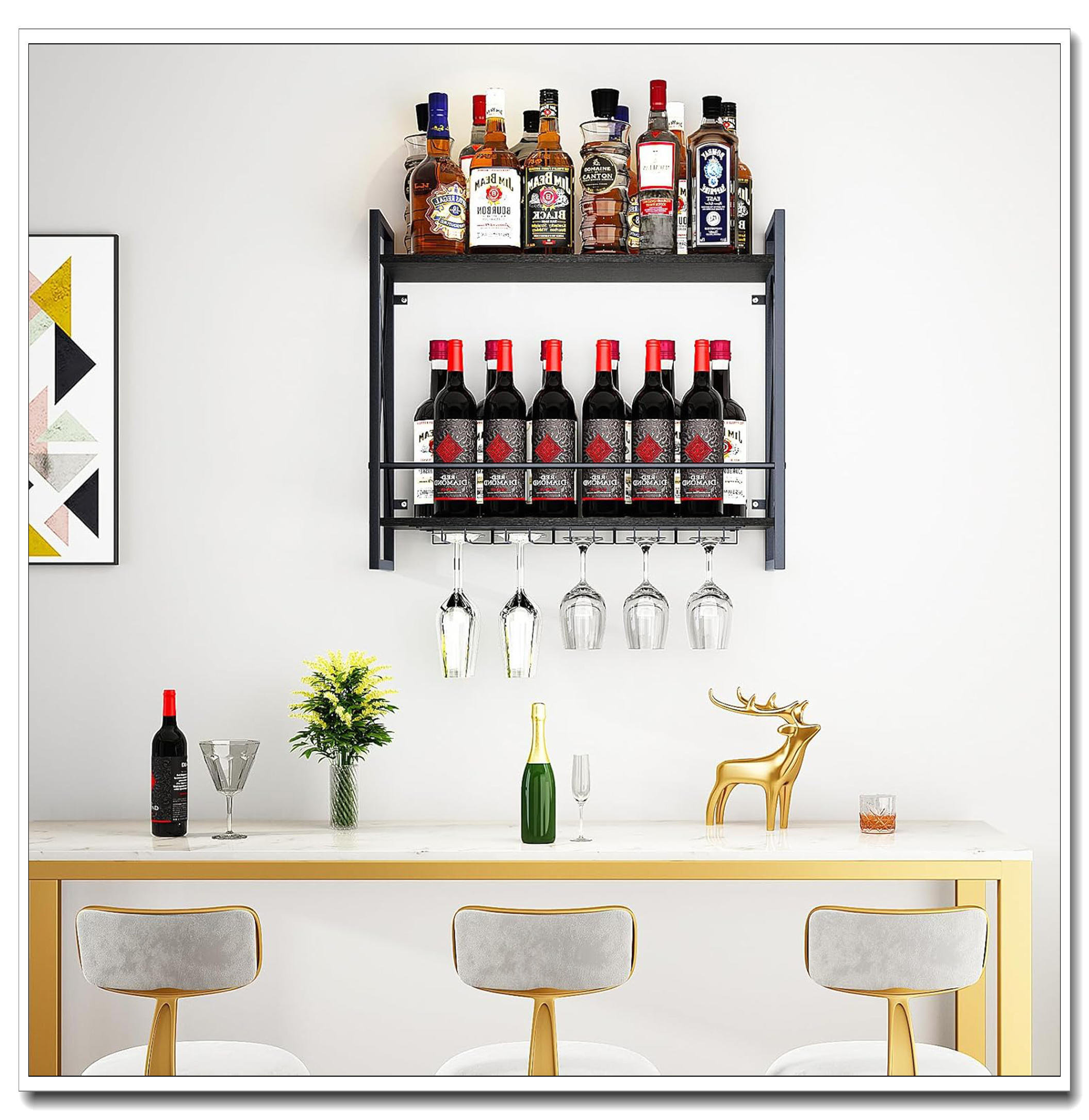 Prep & Savour 2 Tier Wall Mounted Wine Rack Black Rustic Wood ...