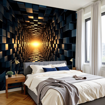 Peel and Stick Wallpaper Futuristic Tunnel Glowing Light 3D Cubic Wall Murals 100"H x 144"W Removable PVC Wall Paper Self-Adhesive Wall Decor for Bedroom Living Room Home Office