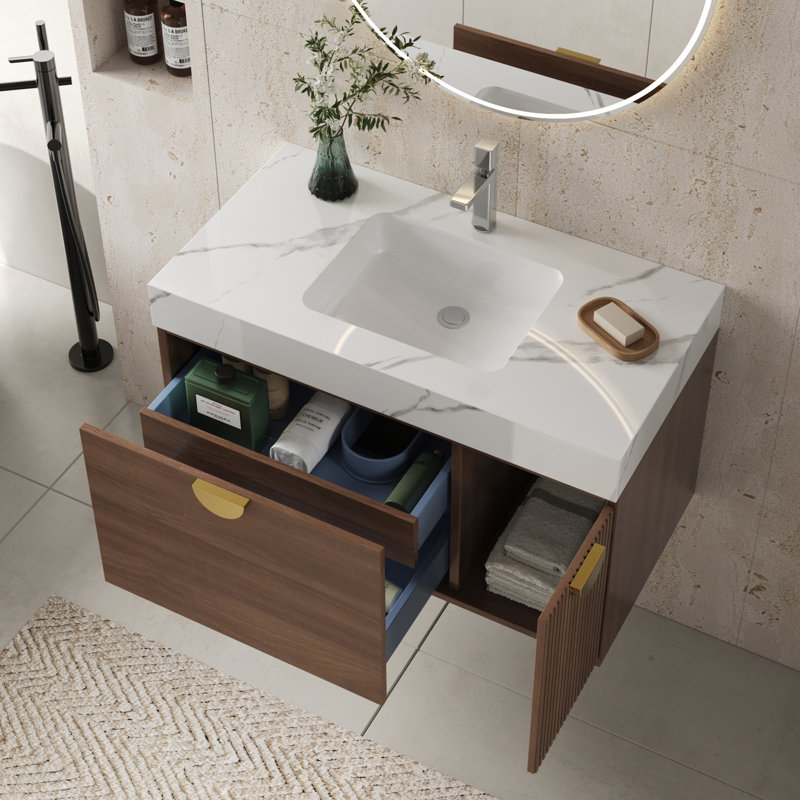 36'' Floating Vanity Bathroom, Modern Single Sink Bathroom Vanity with Drawers and Ceramic Basin, Brown