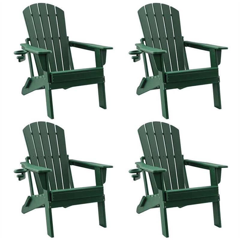 HDPE Folding Adirondack Chair With Cup Holder,Weather-Resistant, Low Maintenance,Supports Up To 400Lbs,4 Pack, Green