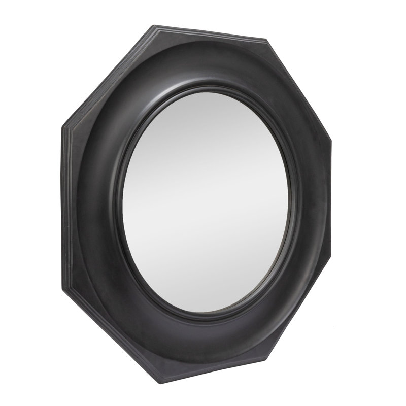 Hexagonal Carved Wood Framed Wall Mirror, Black